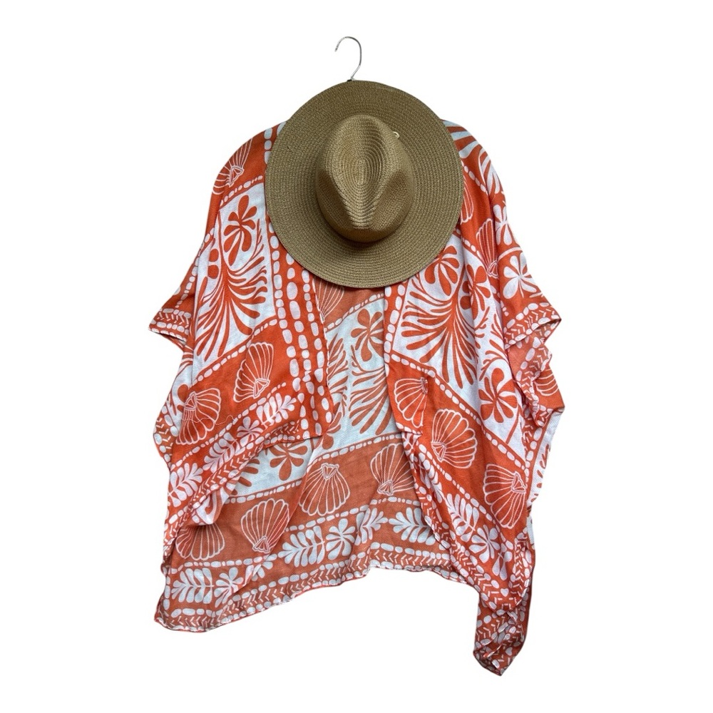 Vince Camuto Orange and White Floral Swim Cover-Up with matching straw hat